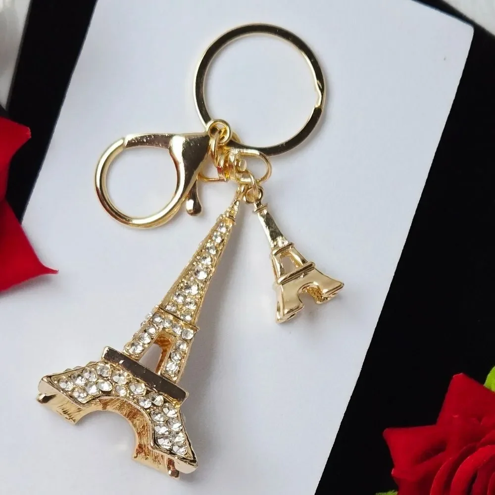 Gold Rhinestone Eiffel Tower Keychain Paris Charm Statement Bag Clip Accessory